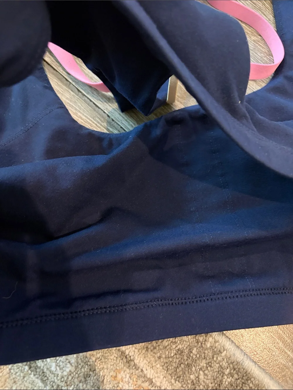 Fabletics Boost Medium Impact Navy Sports Bra with Pink and Yellow Straps